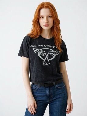 Vintage 2004 Corvette Crop Top - Acid-Washed Black Tee by Chemistry - Size Large